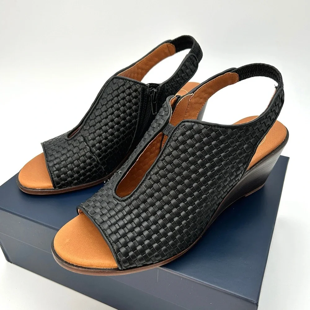 Womens Wedge Sandals Andre Assous Belinda Size 8.5 Black Woven Slingback NEW